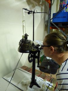 Kerry getting a close look at the sock knitting machine in the collection of the Museum of Liverpool MMM.1993.48.9