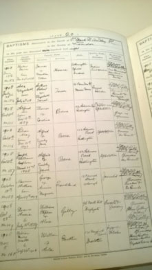 image shows lists of baptisms written in ink