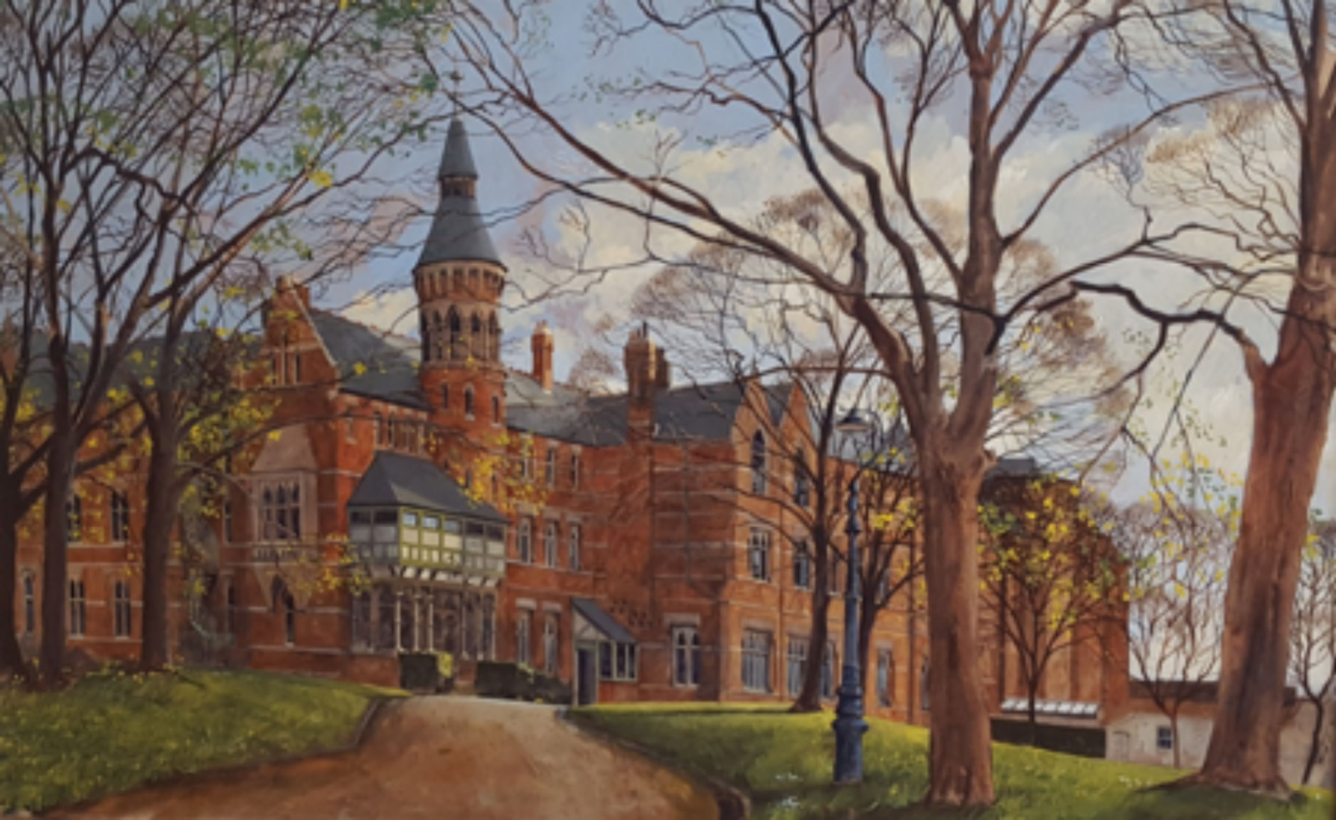 painting of turreted red building