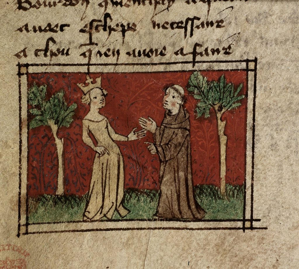 Illustration from manuscript depicting a queen and a monk