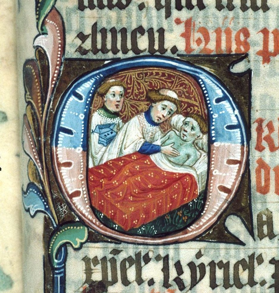 Manuscript detail of a monk and sick man in his bed