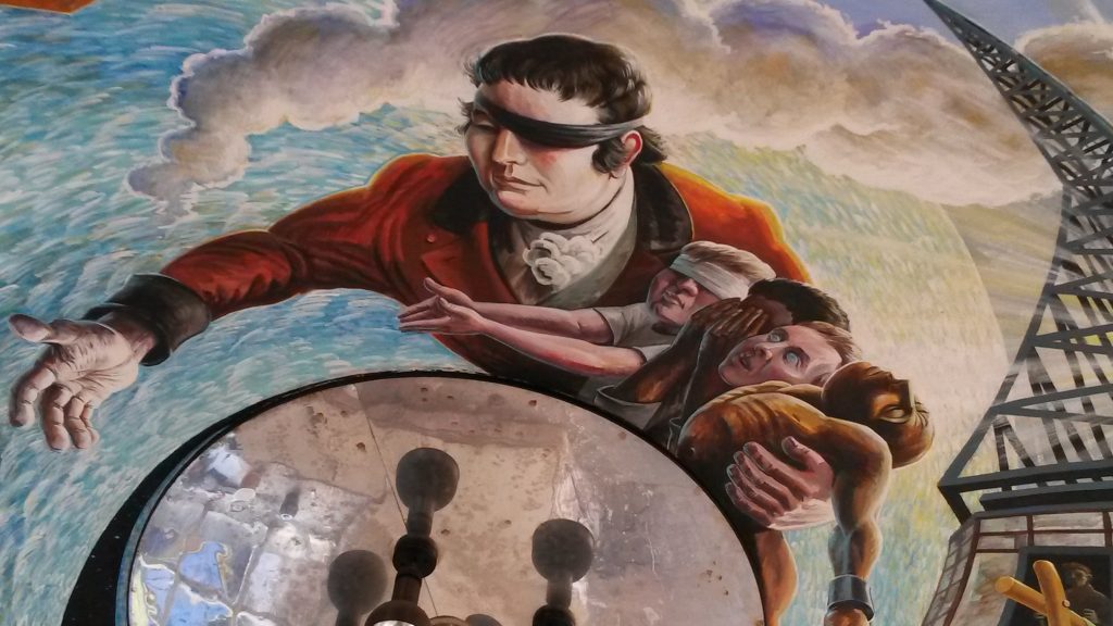 Mural by Mick Jones shows a symbolic painting of Edward Rushton, one eye covered with a scarf to represent his blindness, and with his arm around four other figures, who are also blind.
