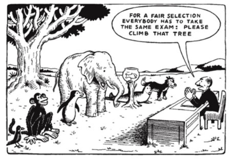 This cartoon shows a bird, monkey, penguin, elephant, fish (in a bowl), seal and a dog with a man telling them "For a fair selection, everybody has to take the same exam: Please climb that tree".