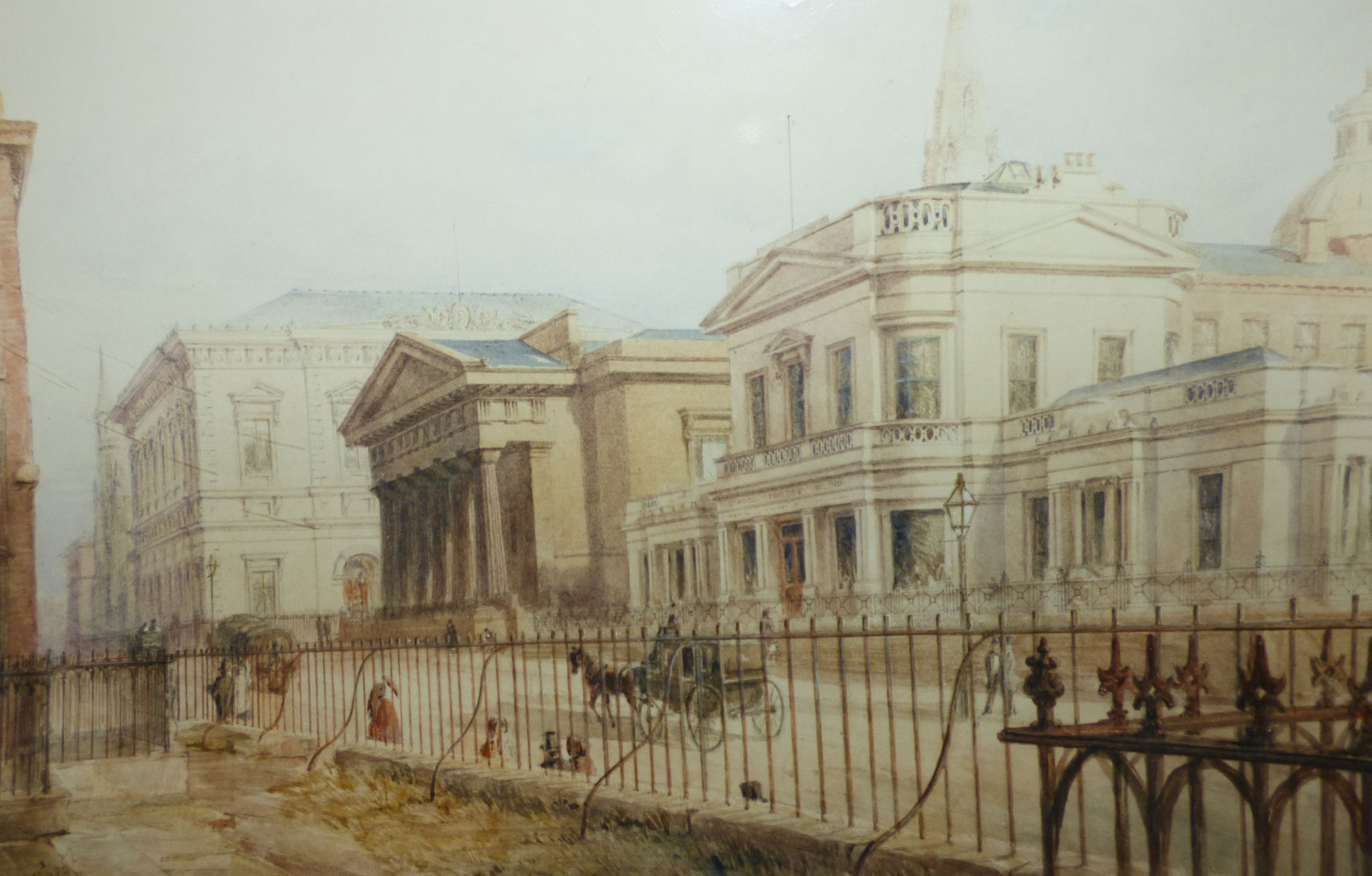 Painting shows the Hardman Street site including the chapel with Doric columns and a carriage passing along the street in front of the building.