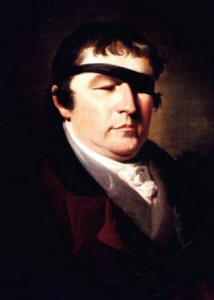 Painting shows man with black band tied over one eye.