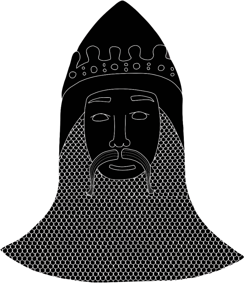 image shows white on black drawing of medieval soldier with moustache, chain mail and a crown