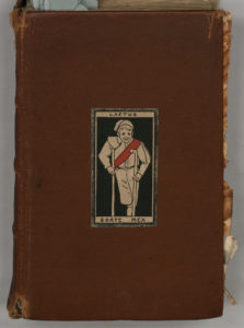 Brown leather book showing picture of boy with crutches and a red sash with laetus sorte mea written around him (happy in my lot)