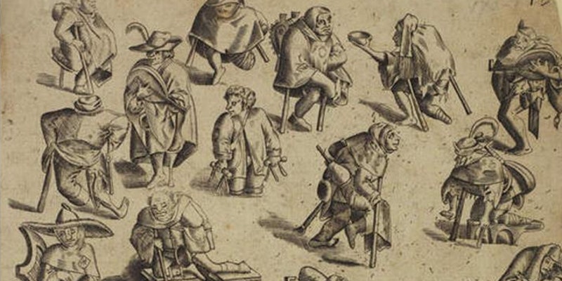 image shows drawing from eighteenth or 19th century of people with crutches