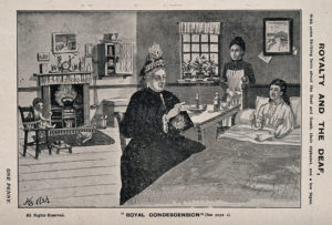Drawing shows Queen Victoria signing with a woman who sits in bed, with a maid or nurse behind her.