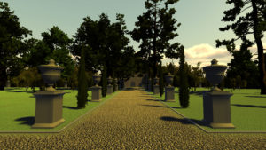 digital game still with ornate trees and gravel path flanked by low decorative columns
