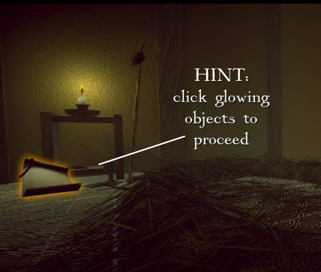 Image of a room with a straw bed on the floor in 1236, as digital recreation. Caption says hint click glowing objects to proceed