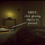 Image of a room with a straw bed on the floor in 1236, as digital recreation. Caption says hint click glowing objects to proceed